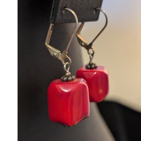 Chunky Red Coral Dangle Lever Back Earrings - Picture 2 of 4